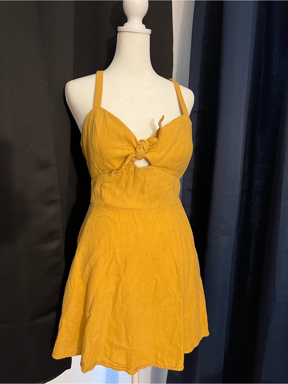 Mustard Yellow Knot Front Mini Dress Women’s Medium Cutout Fit & Flare Sundress - Picture 1 of 7